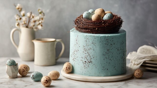 A pastel robin&rsquo;s egg speckled cake covered in light blue buttercream with chocolate speckles and topped with a decorative chocolate nest centerpiece, styled on a marble table with tulips