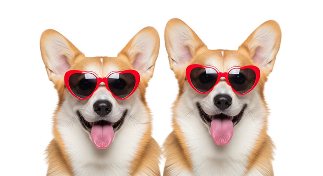 Two corgis wearing heart-shaped sunglasses