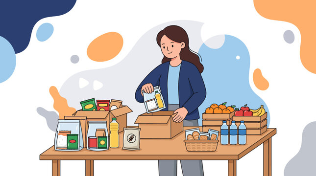 Female volunteer packing food donation boxes for charity and humanitarian aid illustration