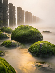 Obraz premium Atmospheric Basalt Formations Under Dramatic Skies and Ocean Spray