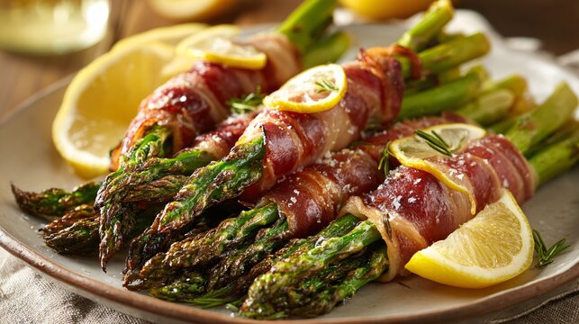 Asparagus prosciutto bundles wrapped tightly and roasted until crisp at the edges, plated on a neutral ceramic platter with lemon wedges and soft airy lighting