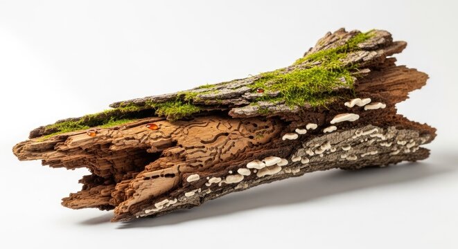 Decayed wood log with green moss and white fungus on white background