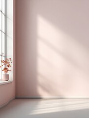 Fototapeta premium Soft natural light from window casting shadows on neutral wall. Minimal interior concept representing calm, simplicity and modern living space