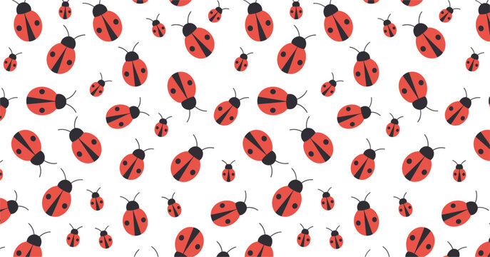Ladybug seamless pattern background, cute red beetle insects with black spots for textile and wallpaper design vector