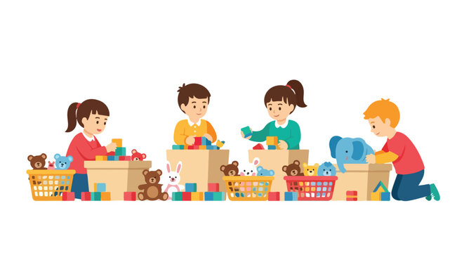 A group of four children sits on the floor, actively organizing and playing with colorful building blocks and cute stuffed animals into boxes.