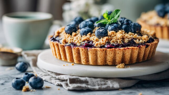 Blueberry lemon crumble tart with golden oat topping styled in airy daylight