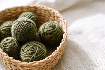 Obraz premium Natural yarn balls in basket on soft background. Craft and textile concept representing handmade work, cozy lifestyle and knitting hobby