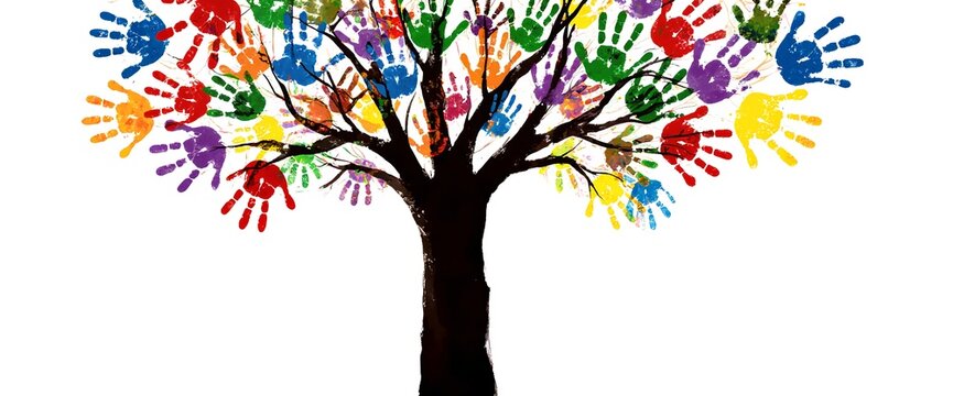 Tree made of colorful handprints, concept for unity and diversity