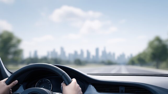 Hands gripping a steering wheel inside a car cabin, with a blurred city skyline visible through the windshield, showcasing a clear road ahead and green trees lining the sides