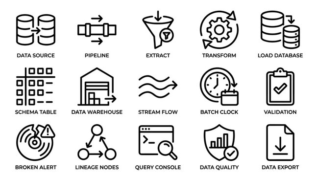 Data Management Icons, Big Data Vector Symbols, Data Analytics, 16 Line Icons