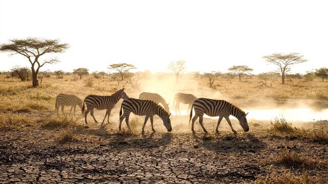 Zebras Drinking at a Watering Hole in the African Savanna at Sunset