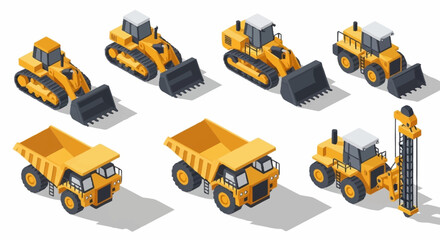 Collection of isometric construction vehicles including bulldozers, excavators, and dump trucks. © Bunga