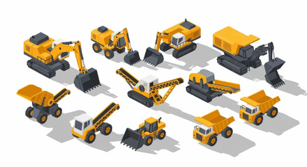 Collection of isometric construction vehicles and heavy machinery on a white background. © Bunga