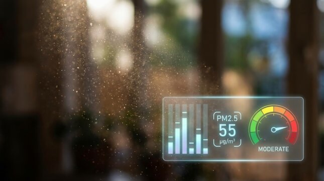 Indoor air quality monitoring showing dust particles in sunlight with digital pm2.5 sensor overlay display indicating moderate pollution levels for health safety and respiratory wellness tracking.