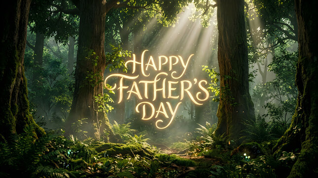 A serene forest scene with 'happy father's day' text overlay for celebration