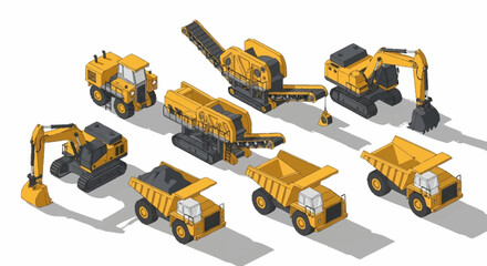 Collection of isometric construction and mining vehicles, including excavators, dump trucks, and a conveyor belt. © Bunga