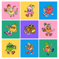 Obraz premium Cute Summer Fruits and Drinks Cartoon Character Set
