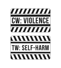 Naklejka premium Violence and self harm content warning black and white label signs set. Mental health. Digital media alerts. Isolated vector badges collection. Monochrome notice graphics with text. Online content