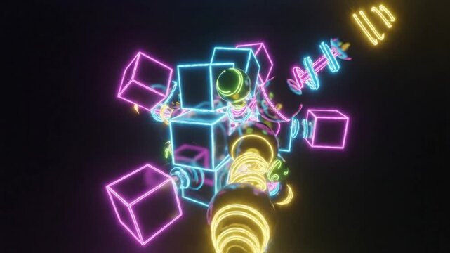 Abstract futuristic neon light geometric shapes rotating on a black background