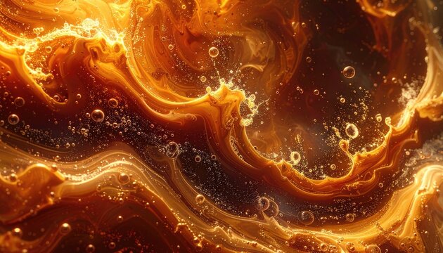 A mesmerizing abstract image showcases swirling patterns of golden and brown hues, interspersed with shimmering bubbles, creating a dynamic and fluid visual experience.