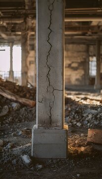 Abandoned building's weathered pillar reveals decay amidst scattered debris and unfinished walls