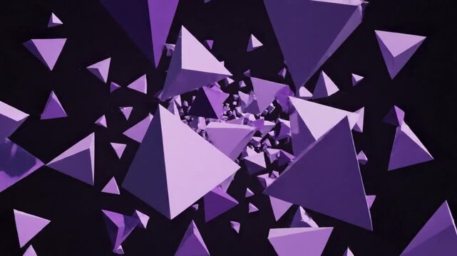 Abstract purple pyramids explosion on a dark background. Geometric design for science or technology concepts.