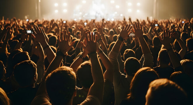 Dynamic outdoor music concert with spectacular stage, vibrant light display, and pyrotechnics exciting an audience