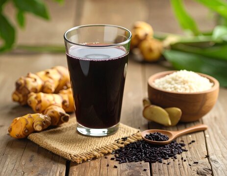 Black rice and kaempferia galanga kencur herbal tonic in clear glass