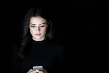 Fototapeta premium Young woman with long dark hair wearing a black top looks at her smartphone, illuminated by the device's light, against a dark background, highlighting her focused expression 