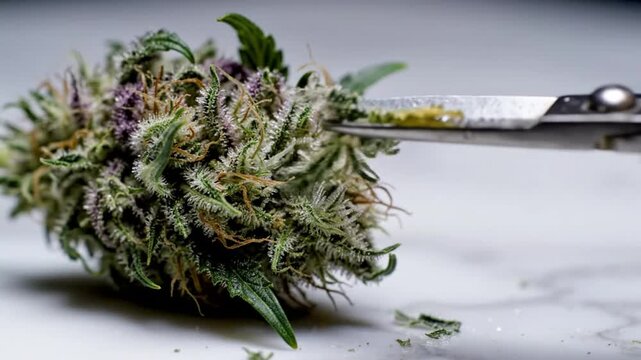 Trimming cannabis buds with scissors to remove leaves for processing into medical marijuana, cannabis trimming, and harvest