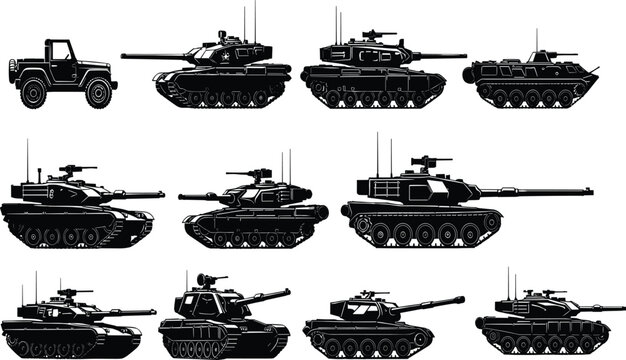 Military Tank Silhouette Collection Featuring Armored Battle Vehicles, Heavy Artillery Transport, War Combat Machinery, Army Jeep Graphics, and Professional Tactical Icons