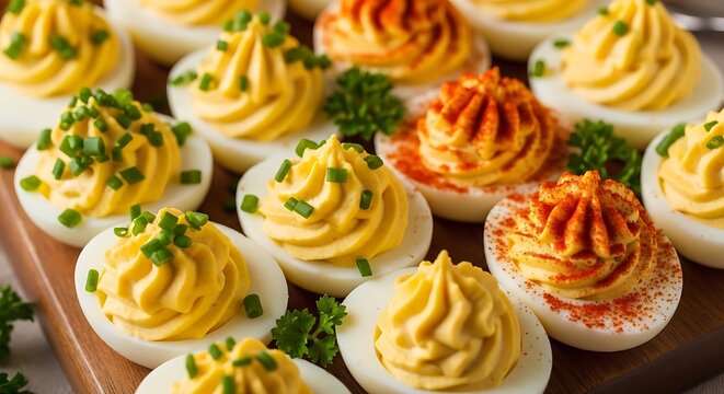 Delicious deviled eggs with various toppings.