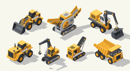 Collection of isometric construction vehicles and heavy machinery on a light background. © Bunga