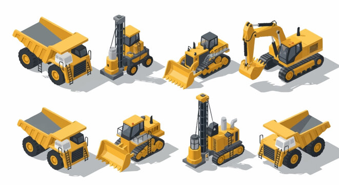Collection of isometric construction vehicles including dump trucks, excavators, and drilling machines.
