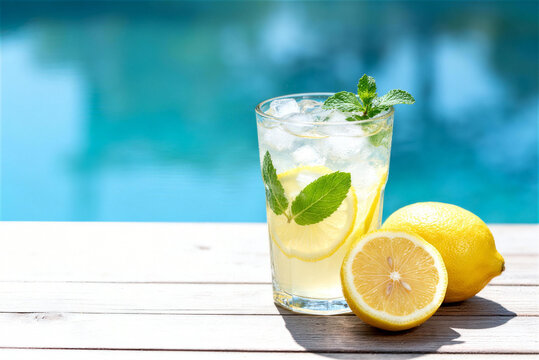 Lemon drink with mint leaves and ice cubes in a glass on a wooden table by the poolside under sunlight, cold summer drink background