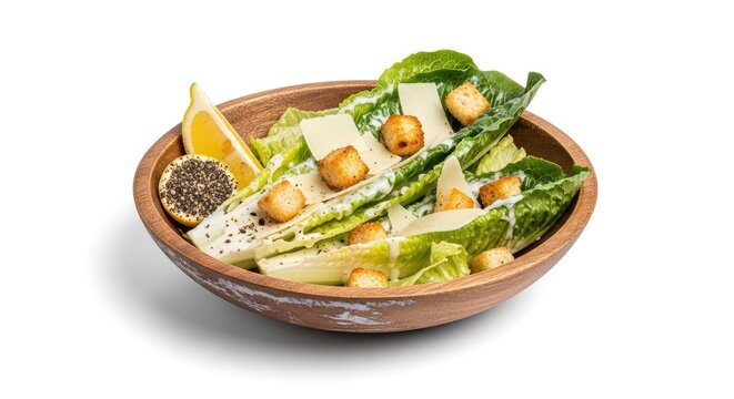 Fresh caesar salad with croutons and lemon wedge in wooden bowl