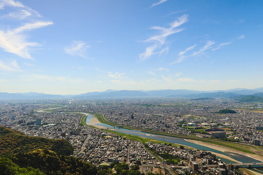 Panoramic city view of Gifu from Mount Kinka with Nagara River