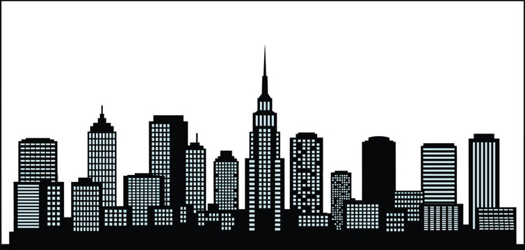 New York City skyline black silhouette illustration, featuring Empire State Building and Manhattan skyscrapers, urban landscape isolated on white background.