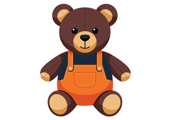 Obraz premium Cute Teddy Bear Wearing Orange Overalls Illustration, Flat Vector Design of Cuddly Stuffed Animal Toy for Kids, Baby Nursery Mascot Isolated on White Background