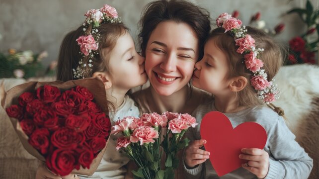 母親が子供たちに愛されて笑顔の幸せな瞬間。家族の絆や感謝を伝えるシーン。