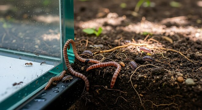 Red wiggler worms escaping from a compost bin