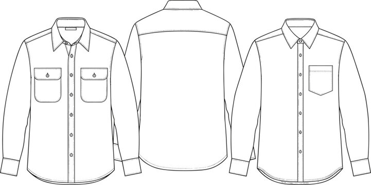 Men&rsquo;s Long Sleeve Button Down Shirt Outline Mockup Front and Back View Classic Casual Apparel Technical Drawing Template Isolated on Transparent Background