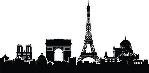 Paris city skyline vector icons set, featuring Eiffel Tower, Arc de Triomphe, and French landmarks, black silhouette architectural symbols, isolated, France. © MdFiroz