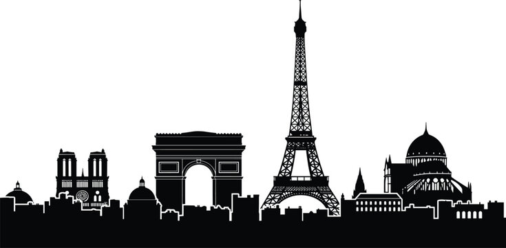 Paris city skyline vector icons set, featuring Eiffel Tower, Arc de Triomphe, and French landmarks, black silhouette architectural symbols, isolated, France.