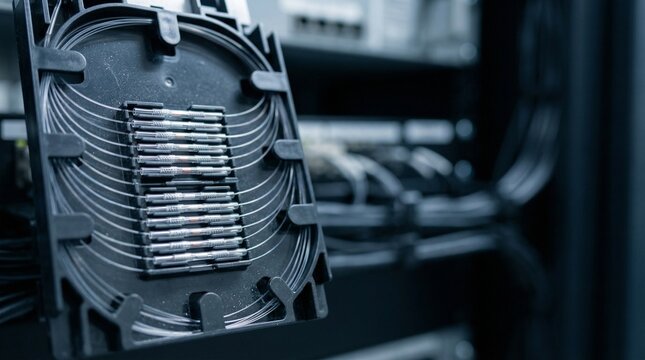 Fiber optic splice tray and telecommunication cables in data center environment. Featuring glass fibers and connectors for high speed internet infrastructure and network hardware maintenance systems.