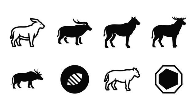 A collection of black and white vector illustrations depicting various antelope and wild cattle silhouettes high quality professional detailed modern elegant