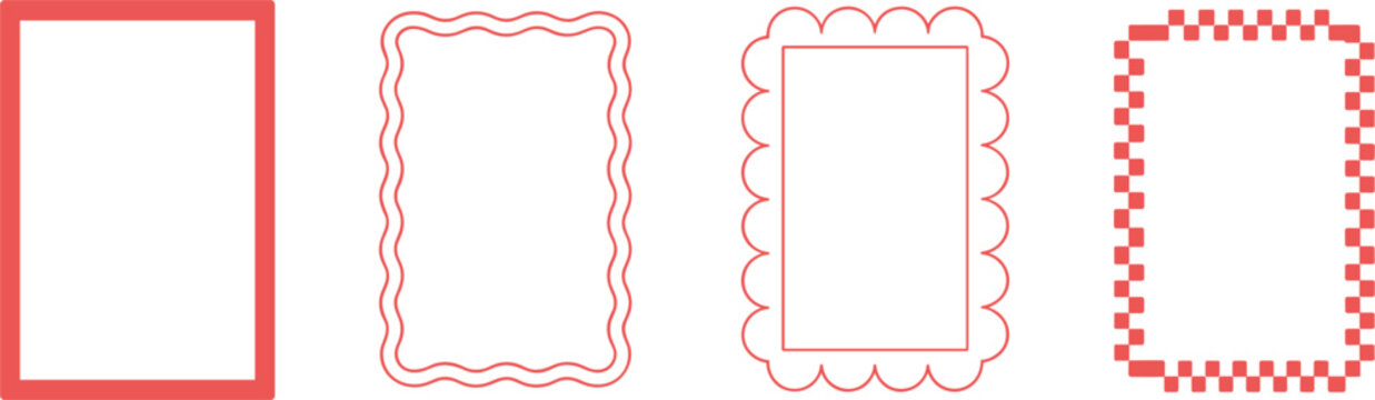 Red decorative frame collection set, simple square border icons with wavy, scalloped and dashed lines for design vector