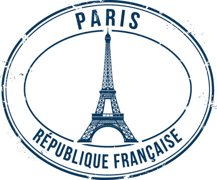 Paris France Vintage Passport Stamp Featuring Eiffel Tower And Republique Francaise Text Blue Distressed Travel Seal Vector Illustration For Tourism Designs