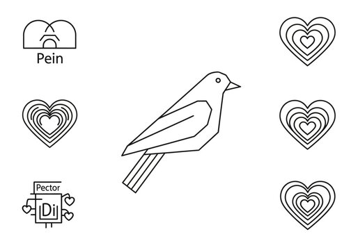 Set of Minimalist Line Art Icons featuring a Bird and Concentric Heart Symbols for Brand Identity