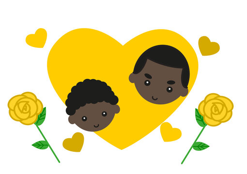 父の日　誕生日　黄色いハートの中で微笑むアフリカ系お父さんと男の子